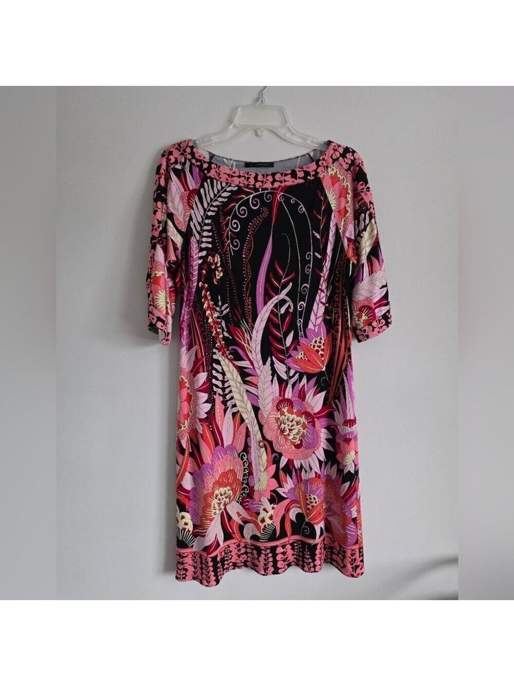 ELIE TAHARI | 100% Silk 1/2 Sleeve Shift Dress Floral Black Pink sz M
